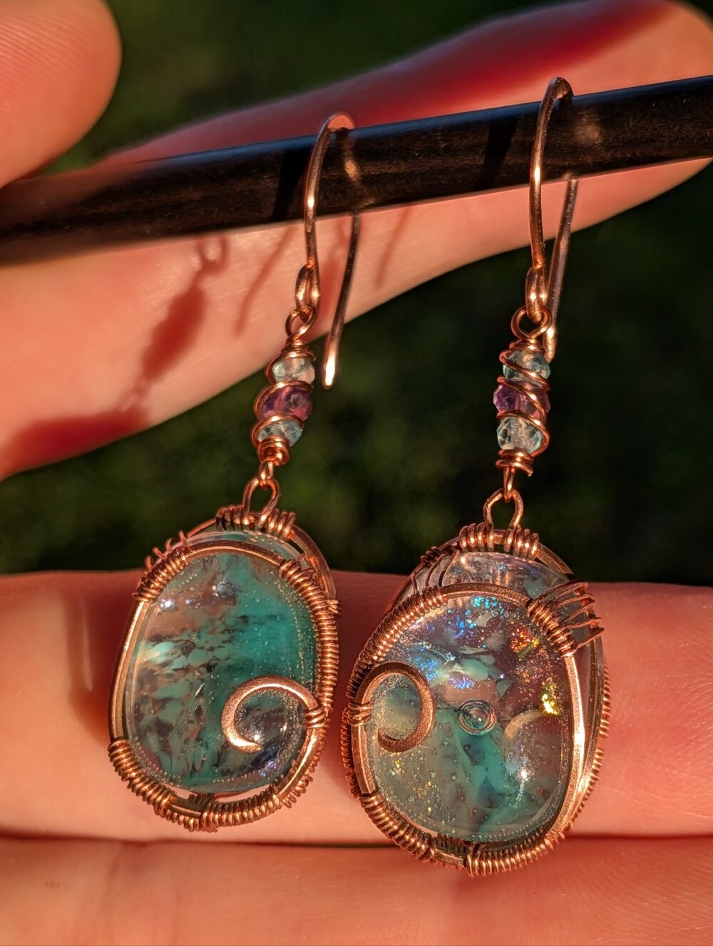 Mermaid Goddess Earrings - Artisan Dichroic Glass with Natural Gems in Copper - Picture 6 of 16